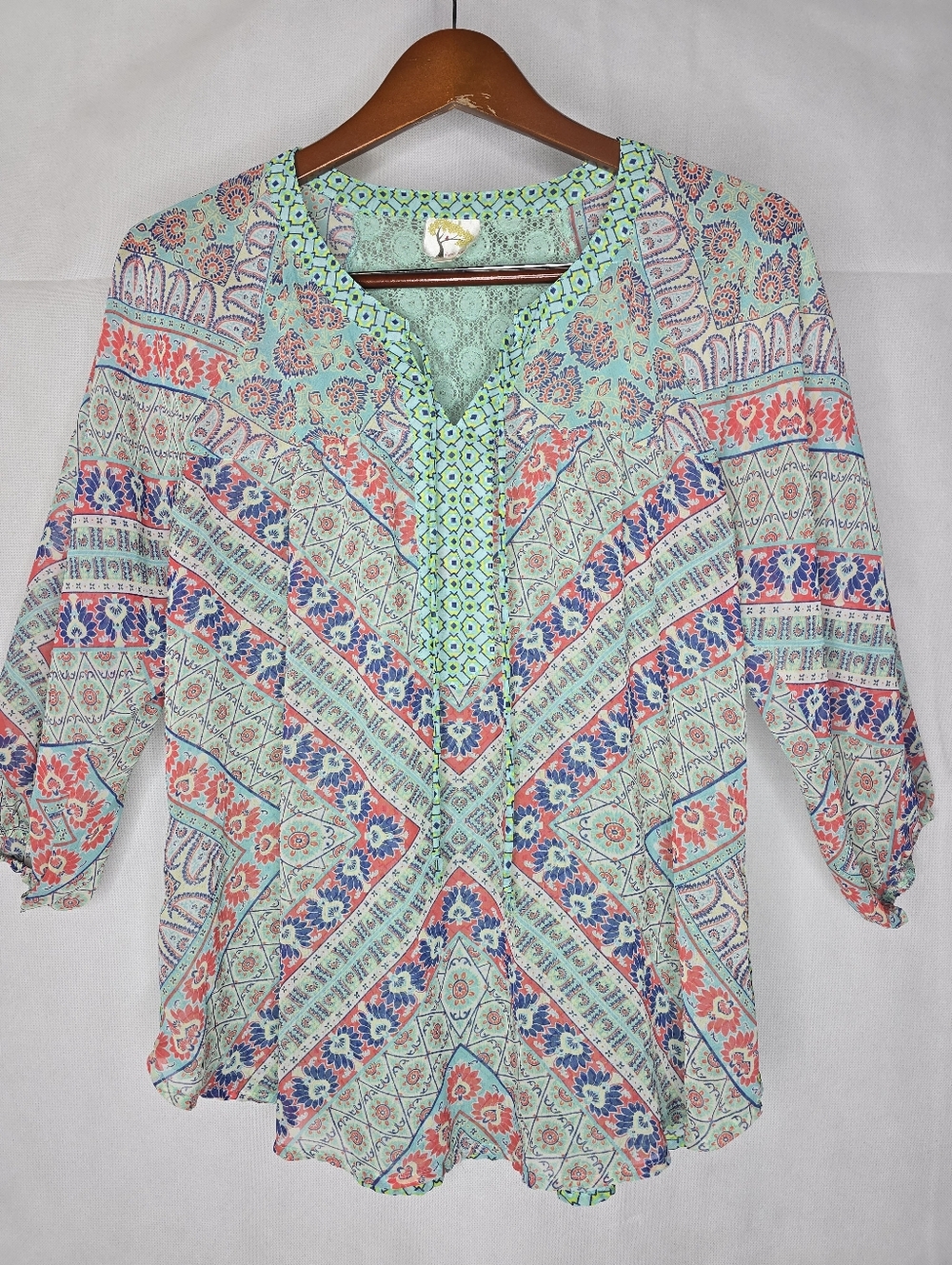 Fig & Flower Semi-sheer Blouse Green Floral Mixed Print Lace Back 3/4 Sleeve S